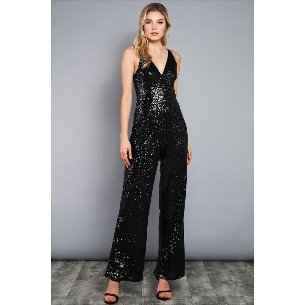 Glittery Sequin Jumpsuit in Jet Black